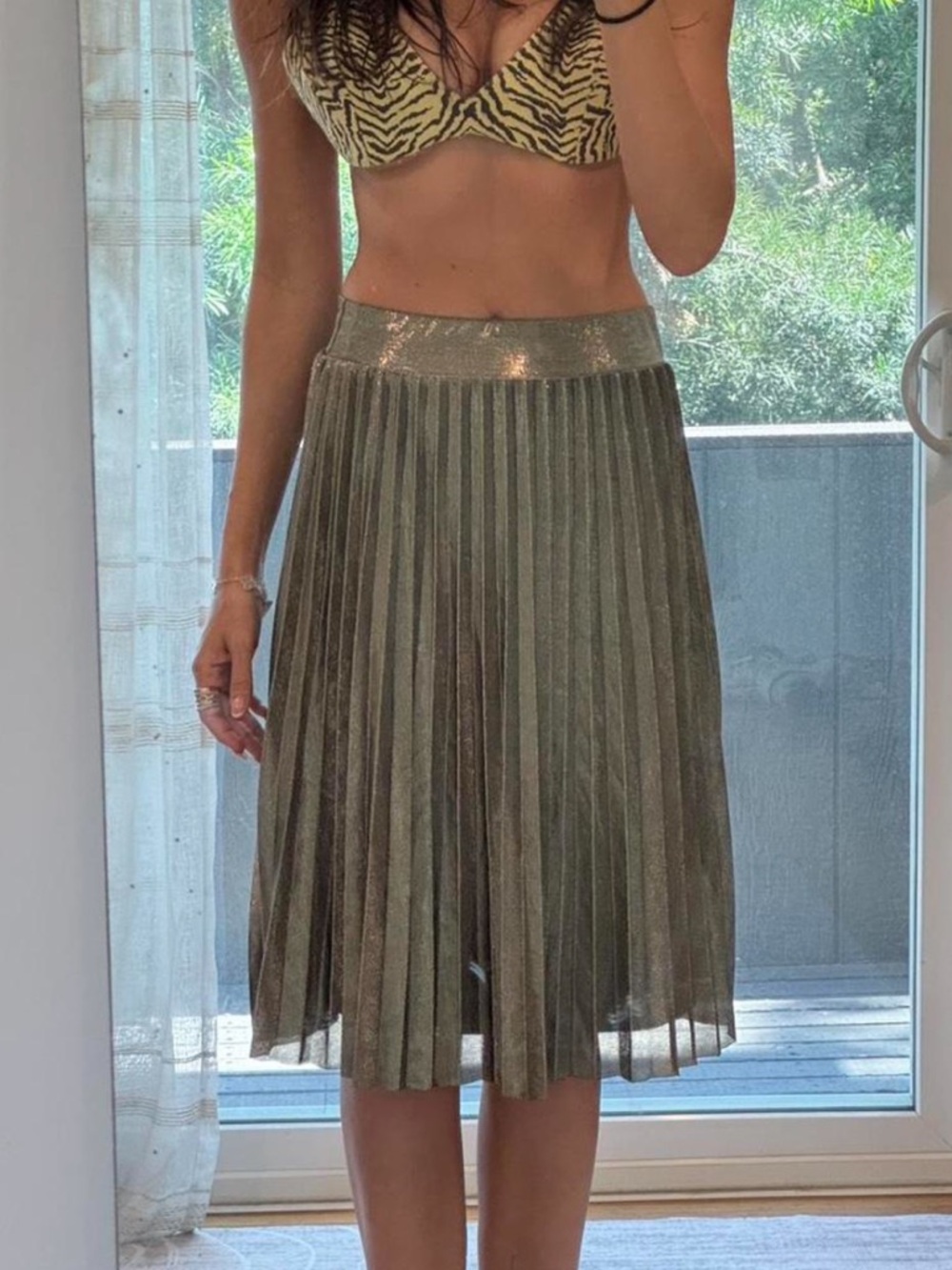Metro Wear Metallic Olive-Green Pleated Midi Skirt